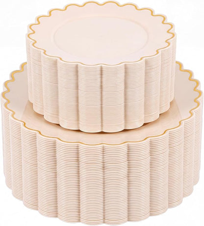 LIYH 100 Pcs Pink Plastic Plates Set, Wide Gold Scalloped Edge by LIYHLoveinyourheart