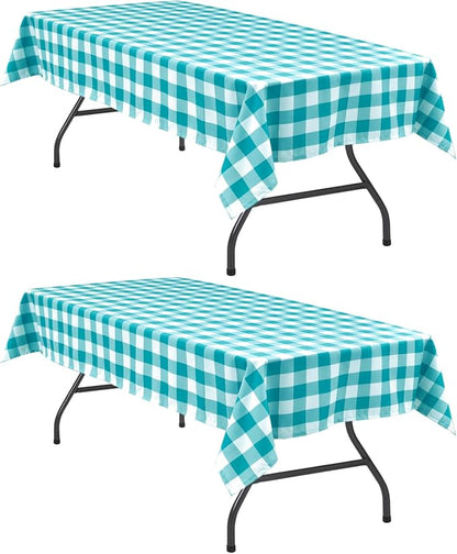 Plaid Tablecloth 2 Pack, 60 x 84 inch, Turquoise and White | Waterproof by Hiasan