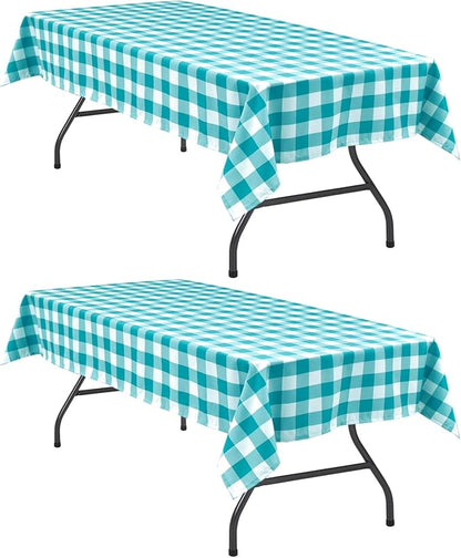 Plaid Tablecloth 2 Pack, 60 x 120 inch, Turquoise and White | Waterproof by Hiasan