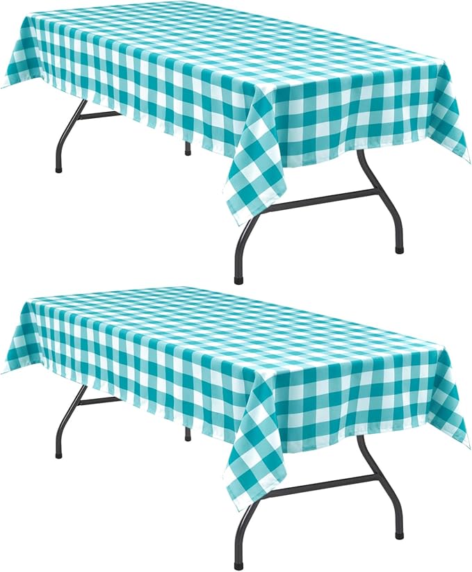 Plaid Tablecloth 2 Pack, 54 x 80 inch, Turquoise and White | Waterproof by Hiasan