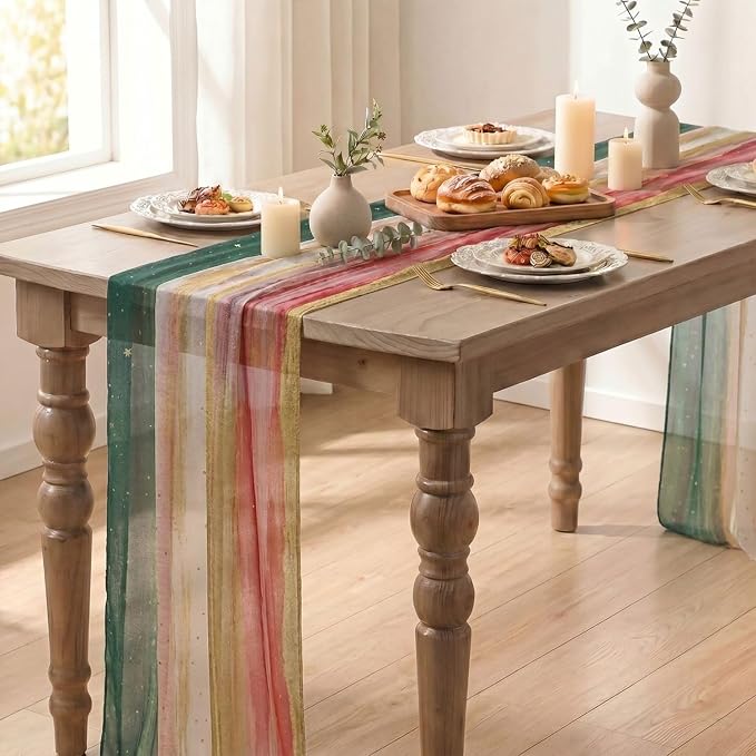 Artoid Mode Boho Green Red Stripes Christmas Chiffon Table Runner 120 Inches - Image 4