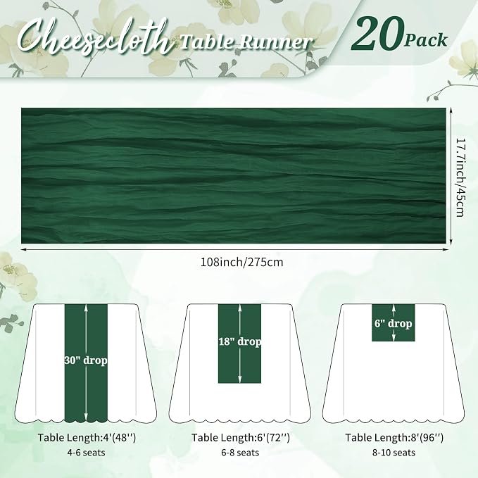 Pesonlook Cheesecloth Table Runner Forest Green, 20 Pack 17.7x108 inch - Image 2