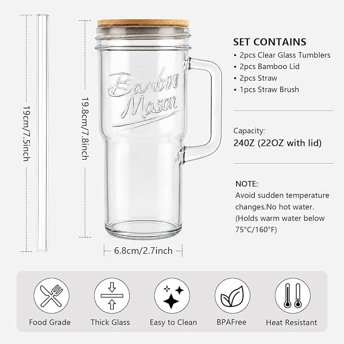 ANOTION Glass Cups with Lids and Straws - 24oz Tumbler with Handle Coffee Cups - Image 2