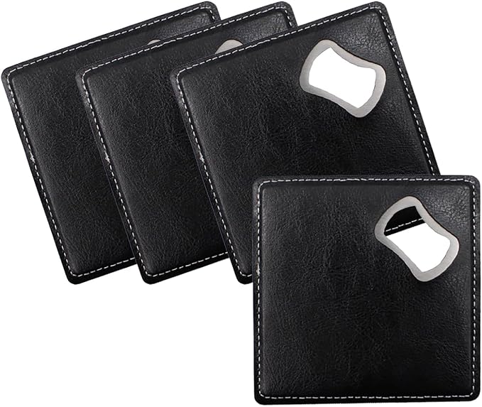 PU Leather Drink Coaster with Bottle Opener Stainless Steel Bartender Beer by CJKDXDH