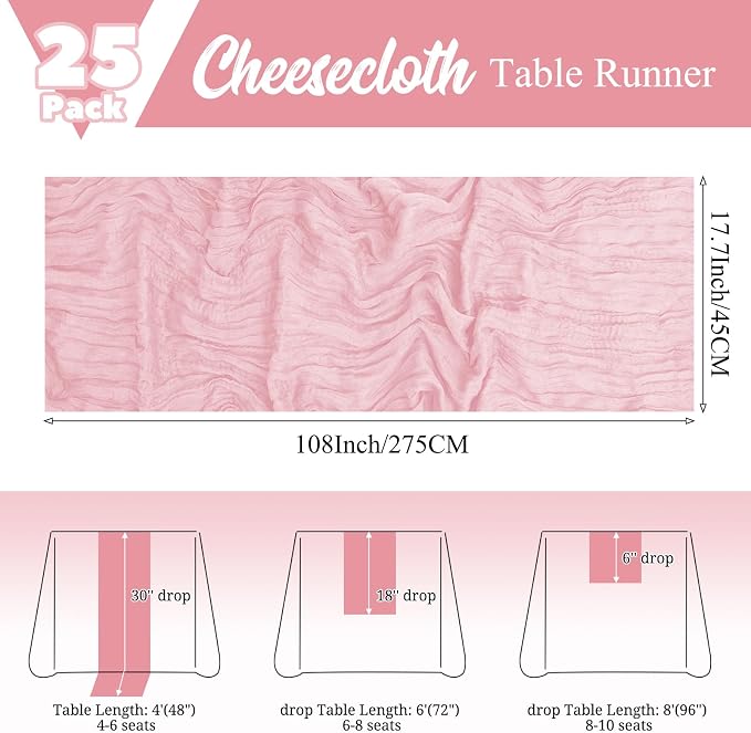 25 Pack Pink Table Runner 17 x 108inch Cheesecloth Table Runner Boho Gauze - Image 2