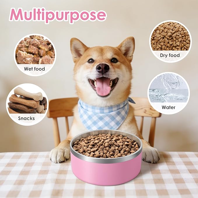 IKITCHEN Dog Bowl for Food and Water, 40 Oz Stainless Steel Pet Feeding Bowl, Durable Non-Skid Double Wall Insulated Heavy Duty with Rubber Bottom for Medium Large Dogs (40 Ounces/5 Cup, Pink)