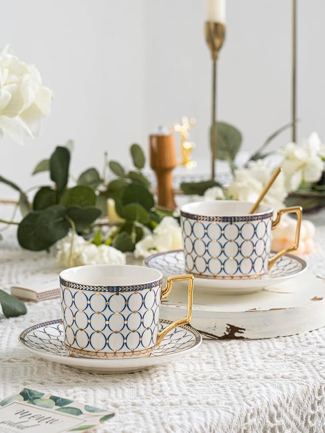 7 Oz Bone China Blue Tea Cup and Saucer Service - Image 3