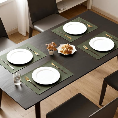 MOSAYT Vinyl Placemats Set of 8-12 X 17 Inch - Faux Leather 100% Waterproof Oil-Proof Wipeable PU Place Mats, Heat Resistant Reversible Table Mats for Kitchen, Dining, Outdoor (Olive Green)
