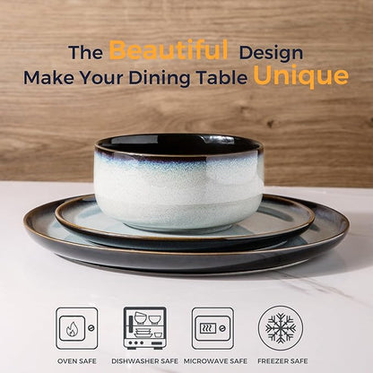 LeRatio Ceramic Dinnerware Sets for 6,Porcelain Plates and Bowls Sets,Handmade Reactive Glaze Dishes Set,Chip Resistant and Scratch Resistant | Oven&Dishwasher & Microwave Safe-Gray White(18PCS)