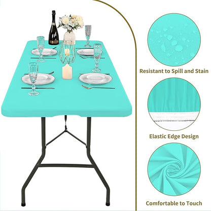 10 Pack Fitted Tablecloth for 8 Foot Rectangle Tables, Aqua Blue Elastic Outdoor Picnic Table Cover, Washable Stretch Folding Table Cloths 8 ft for Camping Party Patio Kitchen Banquet, 30" W x 96" L