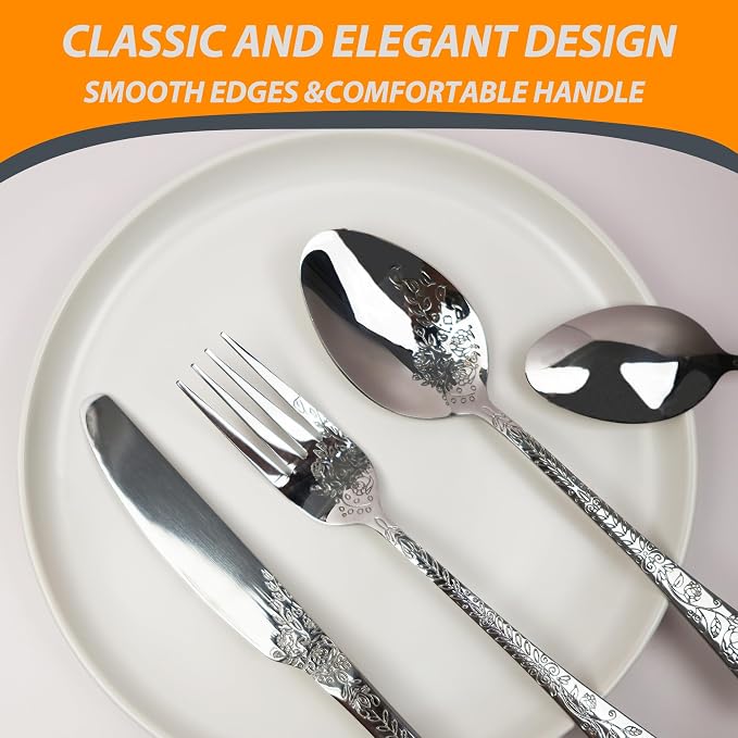 Runfly Modern Carved Floral Silver Stainless Steel 20-Piece Flatware Set | - Image 3
