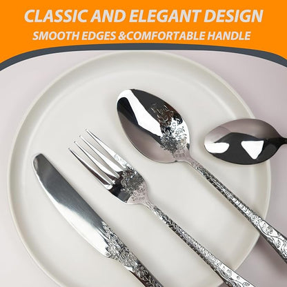 Runfly Modern Carved Floral Silver Stainless Steel 20-Piece Flatware Set | - Image 3
