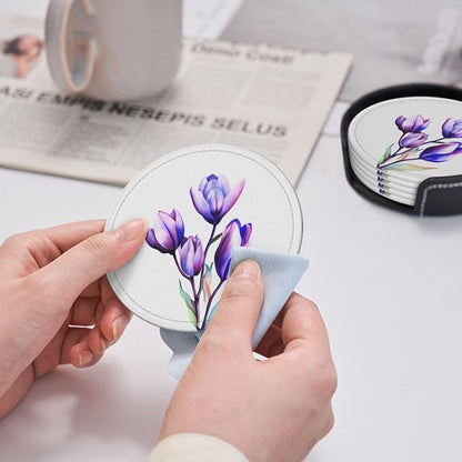 Purple Flower Tulip Leather Coasters Set of 6 - Image 5