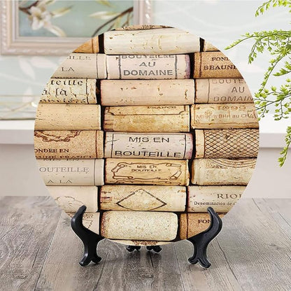 Ceramic Display Plate, Winery Ceramic Hanging Decorative Plate, Different Wine Corks Arranged in Line Collections, 6 Inch, Living Room Kitchen Decoration Household, Ivory Pale Brown