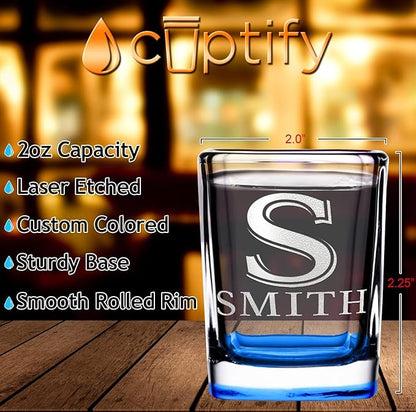 Personalized Glasses Set of 2 Initial and Name 2oz Blue Bottom Etched Square Shot Glass Engraved with Custom Text Birthday Gift for Men and Women
