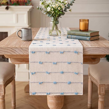 Artoid Mode Sky Blue Boho Farmhouse Cotton Woven Table Runner, Seasonal Summer by ArtoidMode