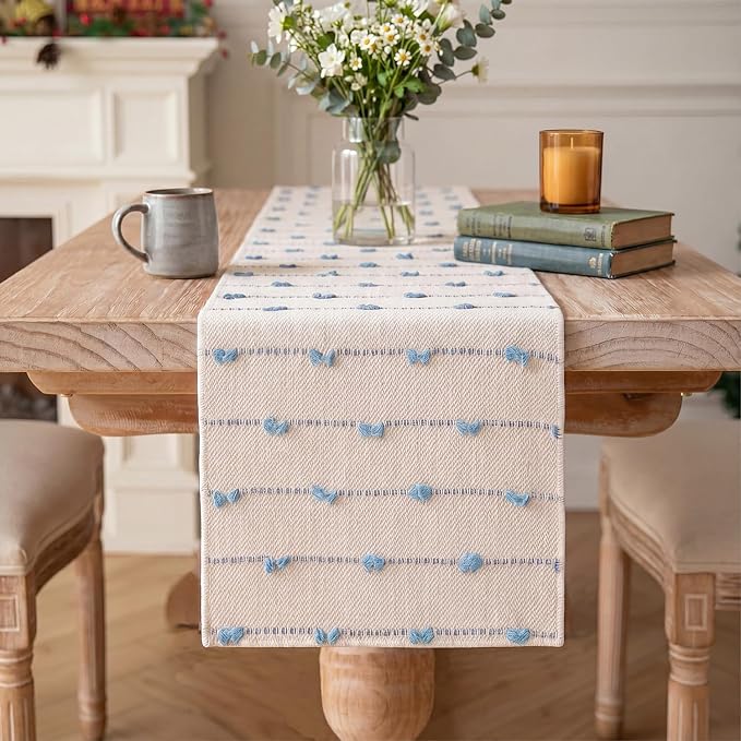 Artoid Mode Sky Blue Boho Farmhouse Cotton Woven Table Runner, Seasonal Summer by ArtoidMode