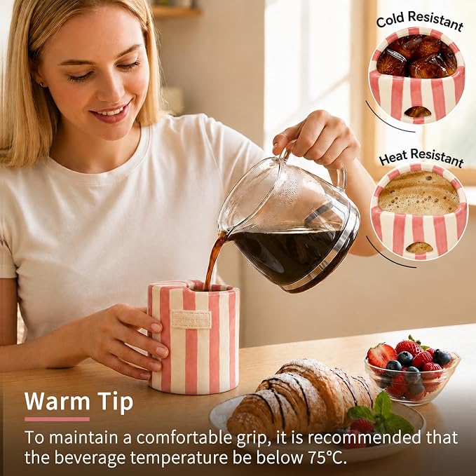 Ceramic Coffee Mug with Sip Hole, 12oz Striped Ceramic To Go Coffee Cup - Image 2