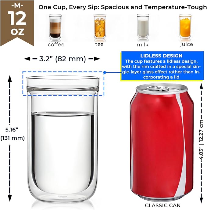 Aquach 12oz Double Walled Glass Coffee Cups Set of 2, Insulated Tumblers | - Image 4