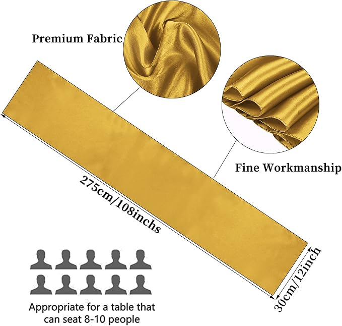 10-Pack Gold 12 x 108 inches Long Premium Satin Table Runner | Wedding - Image 2