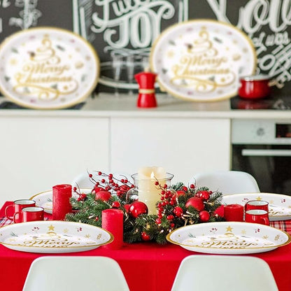 Grencian 50pcs Merry Christmas Oval Paper Plates - 10" x 12" Heavy Duty 400GSM Gold Christmas Tree Dessert Plates for Xmas Winter Holiday Party Supplies