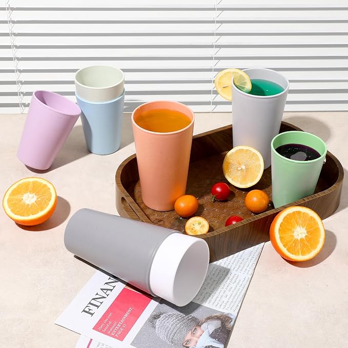 HEYCOME Set of 16 Wheat Straw Cups, Reusable Plastic Cups Sets, Water Glasses - Image 6