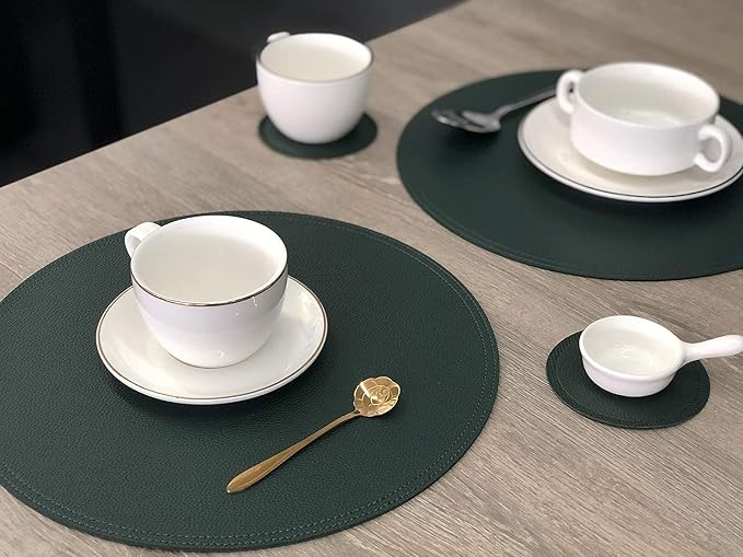 Set of 8 Faux Leather Round Placemats and Coasters, Disko Table Mats and Drink - Image 2