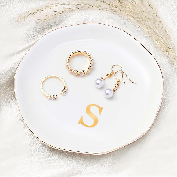 ProCase Ceramic Jewelry Tray, Initial Ring Dish Trinket Plate Engagement Gift, Small Personalized Monogram Ring Bowl for Wedding, White Decorative Jewelry Holder for Women Vanity -Letter S