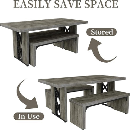 3-Piece Dining Table Set for 6 People, 70.8'' Rectangle Kitchen Table with 2 Benches for Breakfast Nook, Dining Room Furniture(Grey Table+2 Benches)