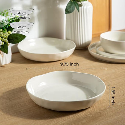 LERATIO 9.75 "Ceramic Flat Pasta Bowls, Wavy Rim 38oz Large Bowls Set of 4 for Kitchen,Modern Porcelain Stoneware pasta bowls,Dishwasher & Microwave & Oven Safe Bowls with for Pasta-White