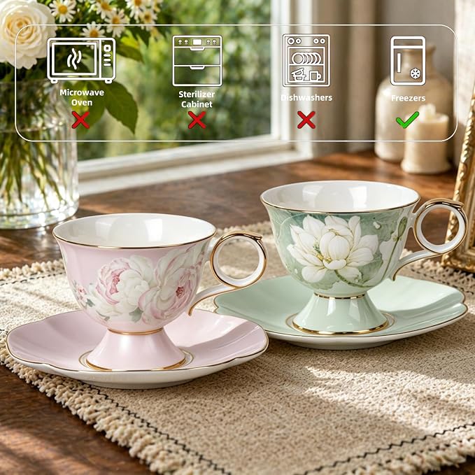 KAMMAK Tea Cups Set of 2, Ceramic Floral Pattern Demitasse Cup | Porcelain - Image 7