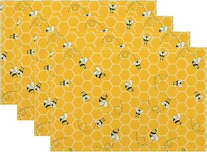 Mustard Yellow Placemats Set of 4 Cute Honey Bee Summer Decor Place Mats 12x18 Inch Honeycomb Seasonal Holiday Decorative Linen Table Mats for Home Kitchen Dining Party Table Decoration