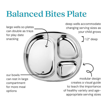 Ahimsa Stainless Steel Plates For Kids, Pediatrician Designed Divided Plates for Toddlers & Baby, Non Toxic, Unbreakable & Dishwasher Safe, Set of 4