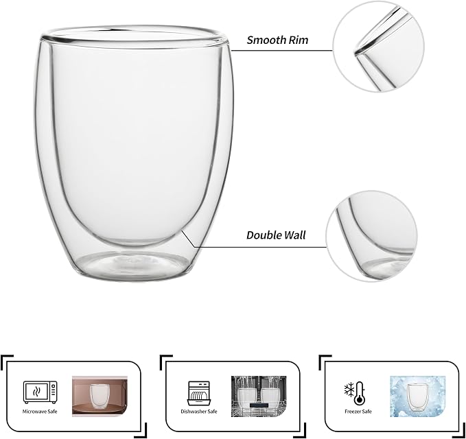 NIRA.Z 4 Pack 11.6oz/343ml Double Wall Glass Coffee Mugs, No Hole Bottom - Image 3