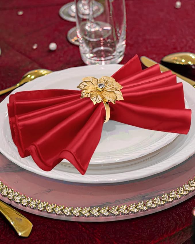 12 Pack Gold Napkin Rings and Cloth Napkins Set of 6, 17x17 Satin Cocktail - Image 3