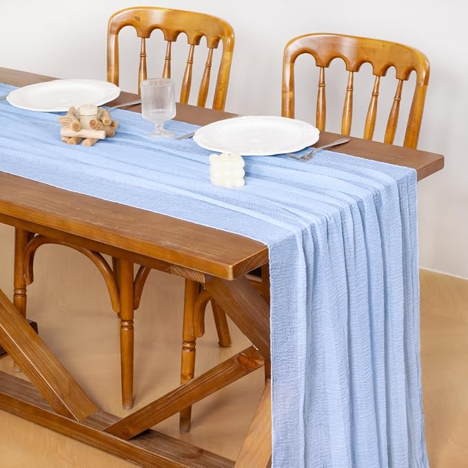 Cheesecloth Table Runner Summer Boho Wedding Shower Party Home Decor | Blue - Image 2