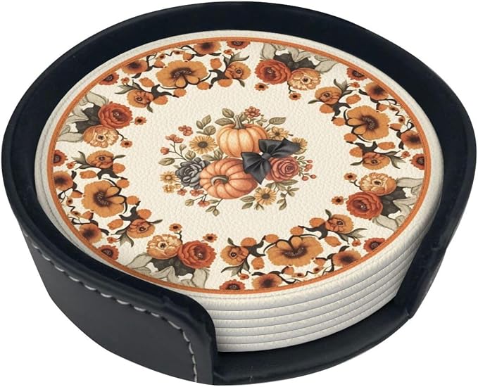 Sunflowers with Pumpkins Leather Coasters Set of 6 with Holders by Unknown