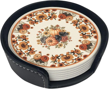 Sunflowers with Pumpkins Leather Coasters Set of 6 with Holders by Unknown