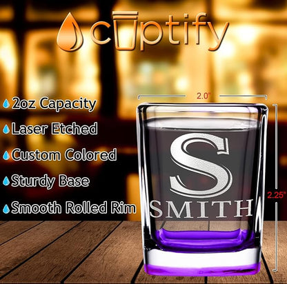 Personalized Square Shot Glasses Set of 12 Purple Bottom 2oz Engraved Initial and Name Custom Gifts, Weddings, Birthdays, Party, Event, Decorations