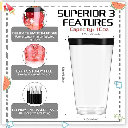 Patelai 100 Pcs 16oz Plastic Cups Disposable Rimmed Cups Heavy Duty Drinking Wine Glasses for Christmas Winter Birthday Beer Taste Serving Snack Sample Tastings Barbecues Picnic(Black)