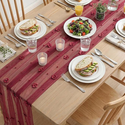 Artoid Mode Burgundy Flower Pearl Burgundy Gauze Table Runner 10FT, Seasonal - Image 5