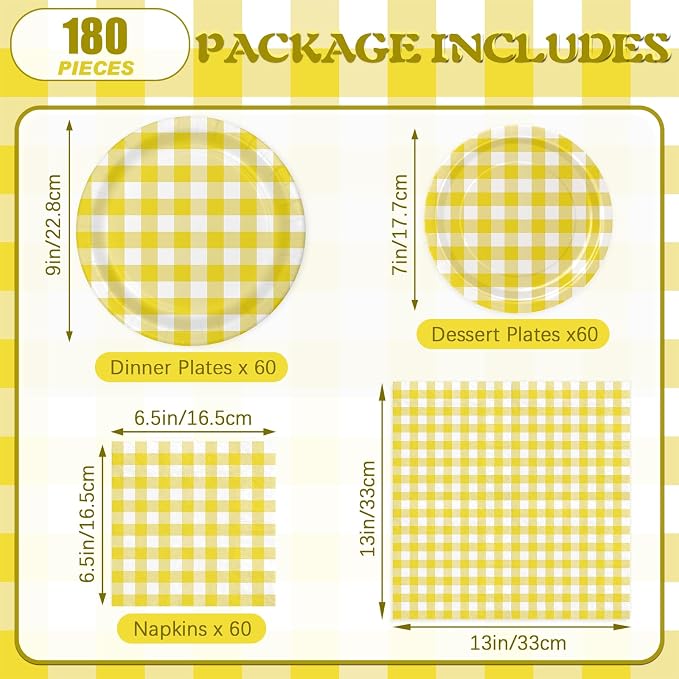 180Pcs Yellow Gingham Party Supplies Paper Plates and Napkins Serve 60 | - Image 2