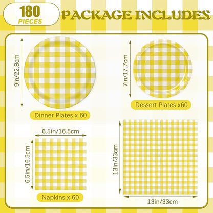 180Pcs Yellow Gingham Party Supplies Paper Plates and Napkins Serve 60 | - Image 2
