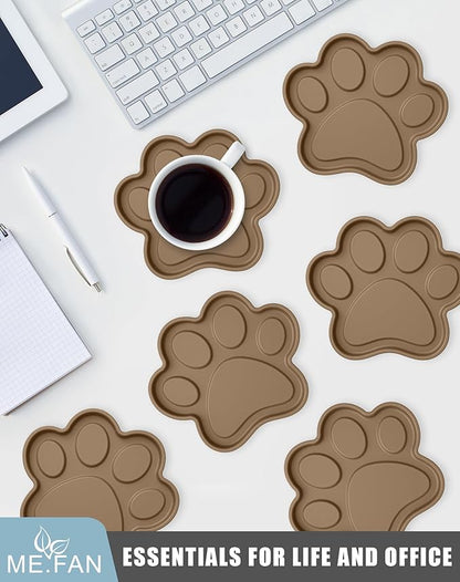 ME.FAN Silicone Coasters 6 Pack Paw Cup Mat with Holder, Dog Cat Paw Shape, for Hot or Cold Drink, Non-Slip, Non-Stick, Room Decor, Housewarming Coffee