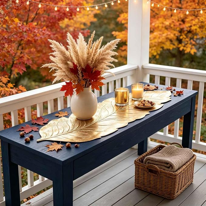 Gold Leaf Table Runner 36 Inch Small Dresser Vinyl Runner Fall Decor | Heat - Image 7