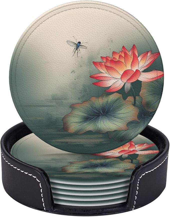 6Pcs PU Leather Coaster for Drinks, Lakeside Flower and Dragonfly Cup Coasters by WSOIHFEC