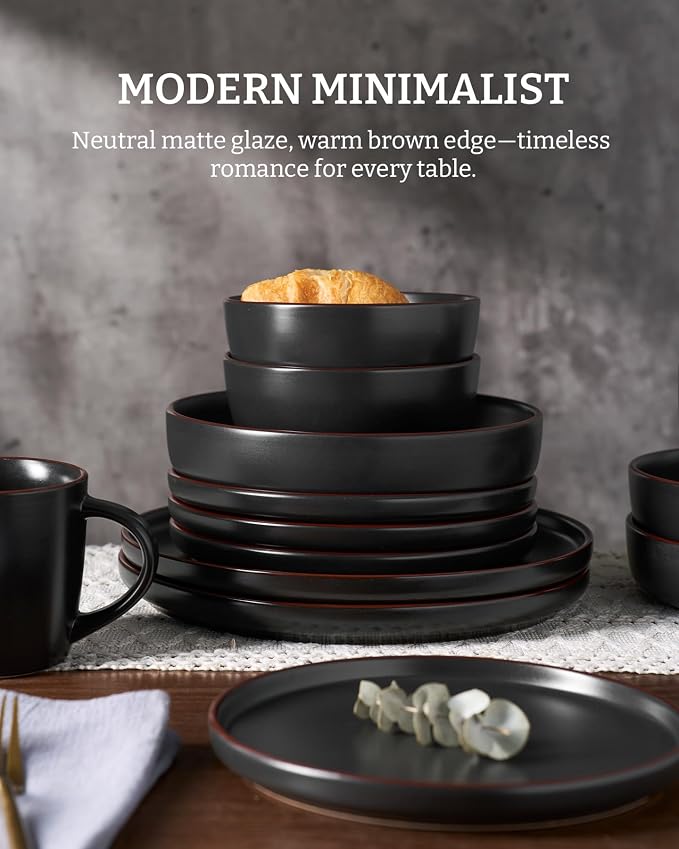 Famiware Mercury 24-Piece Stoneware Plates and Bowls, Matte Black | Dinnerware - Image 4