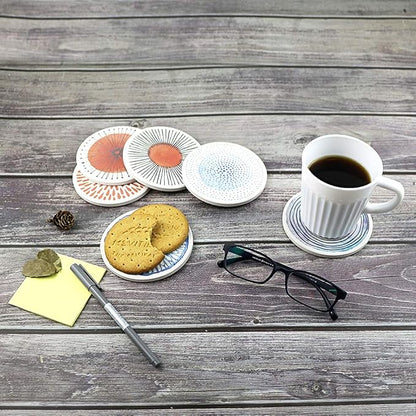 AD Set of 6 Coasters for Drinks Absorbing Round Ceramic Stone Coaster with Cork Base Tabletop Protection Mat for Mugs and Cups,Office,Kitchen (Colorful with Holder)
