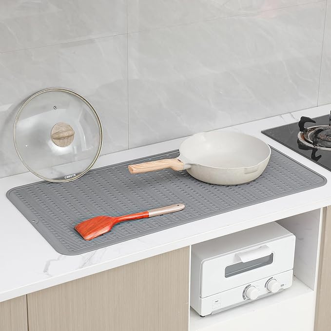 Silicone Dish Drying Mat for Multiple Usage,Easy clean,Eco-friendly,Heat-resistant Silicone Mat for Kitchen Counter or Sink,Refrigerator or Drawer Liner Grey 5XL 36inches x 18inches