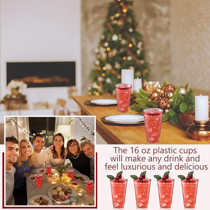 Patelai 100 Pcs 16oz Plastic Cups Disposable Rimmed Cups Heavy Duty Drinking Wine Glasses for Christmas Winter Birthday Beer Taste Serving Snack Sample Tastings Barbecues Picnic(Red)